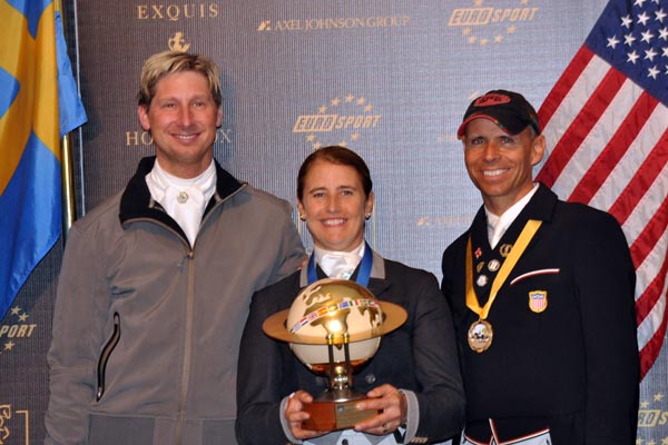 Top three riders from the 2013 World Dressage Masters CDI5* Exquis Freestyle which offered 70,000 Euros in prize money, Left to right:  Patrik Kittel from Sweden, second; Tinne Vilhelmson-Silfven of Sweden, first, and Steffen Peters of the U.S.A., third.    Photo by Shelley Higgins/MacMillan Photography