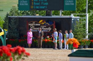  Helen Krieble, founder and President of CHP with Vice President, Brian Curry and Kathy, Joseph, Cecily and Wlliam Coors at the dedication of the Kathy and Brad Coors Family Arena during Summer in the Rockies I.  Photo by Flying Horse Photography 