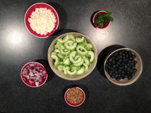 All the fun and colorful ingredients to make this version of Cucumber and Blueberry Salad.