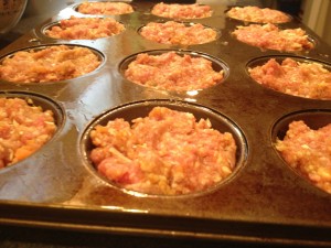 Meatloaf mixture placed into cupcake tins to provide faster cooking and individual servings.