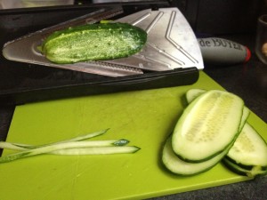 Slicing cucumbers on a mandolin first and then cutting into matchsticks make this usually daunting task so much easier!