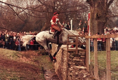 Gray and Kim had a bad accident at Badminton, England, in 1983, when Gray slid in the mud before the jump and stepped on his own foot. Both horse and rider ended up with concussions, but no broken bones.   Photo by Michael Milne  