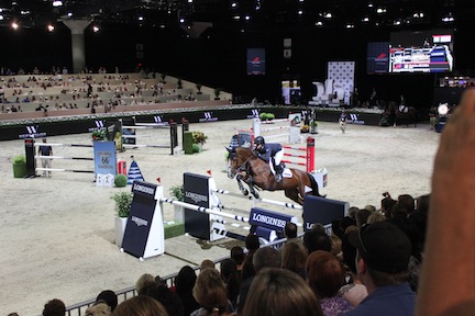 Christine McCrea on course at the Longines LA Masters. Two versions of seating highlighted the show: general and the elite seating spotted across the ring. Photo by Mark Smith