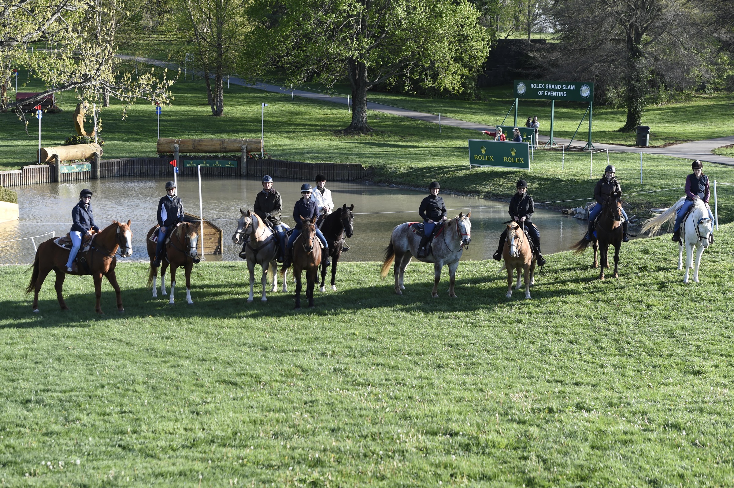 Olympic gold medalist Leslie Law, third from left, escorted the riding writers on a preview tour of the Rolex Kentucky Three-Day Event cross-country course. Sidelines writer Susan Friedland-Smith is second from the left. (Photo courtesy of Rolex)