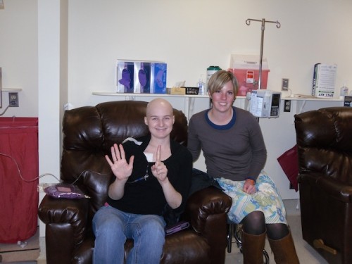 Allana, during her sixth chemotherapy session, with her friend Kellie.