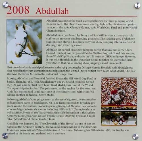 Abdullah’s plaque in the U.S. Show Jumping Hall of Fame in Kentucky. Photo by Allen MacMillan/MacMillan Photography