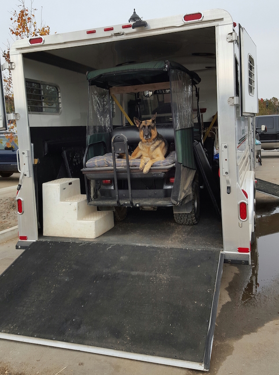 Tommy’s dog, Tuf, takes his customary position in the golf cart — before it’s even unloaded.