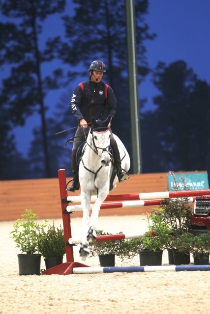 Boyd, on Crackerjacks, demonstrates cross-country jump training in the arena during the USET Master Class in Aiken, South Carolina. Photo by Louisa Davidson 