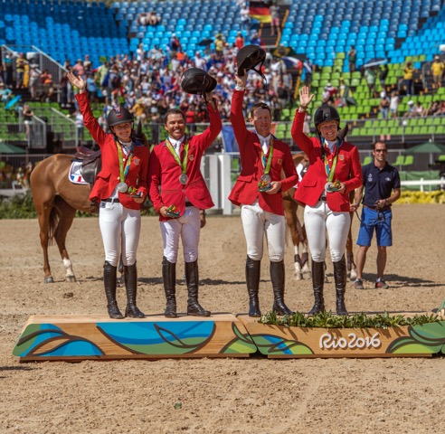 Show Jumping Team Medals: The U.S. Show Jumping Team took home the silver medal. From the left: Lucy Davis, Kent Farrington, McLain Ward and Beezie Madden.