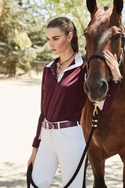 Outfit: Shirt in wine and Gulf breeches in white by R.J. Classics available at www.rjclassics.com Boots: Ariat, Volant available at www.ariat.com Belt: Mane Jane available at Manejane.com Bracelet and Necklace: Ideana available at Ideana.com Halter: Premiera, Vienna halter available at 20x60.com