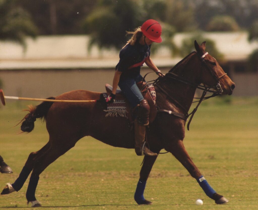 Samantha stepped in at the Delegates Cup at Gulfstream Polo Club at the last minute to fill in for an injured player. Samantha, wearing jeans, competed on a borrowed pony with a borrowed helmet.