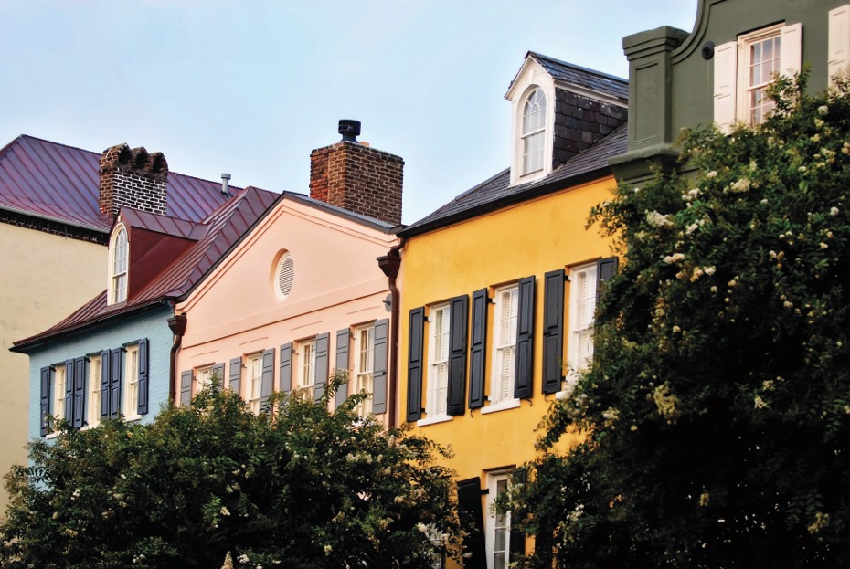 Downtown Charleston’s Rainbow Row, aptly named for the colored houses
