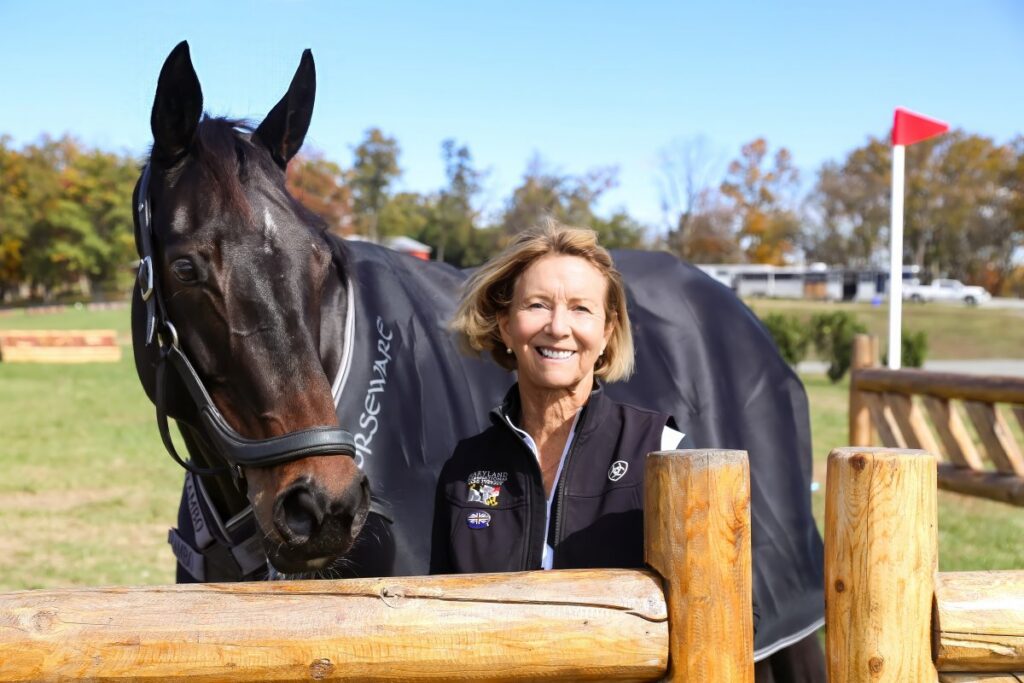 Carolyn with HSH Cruising Spirit, owned by herself and Sherrie Martin, on the cross-country course at Loch Moy.